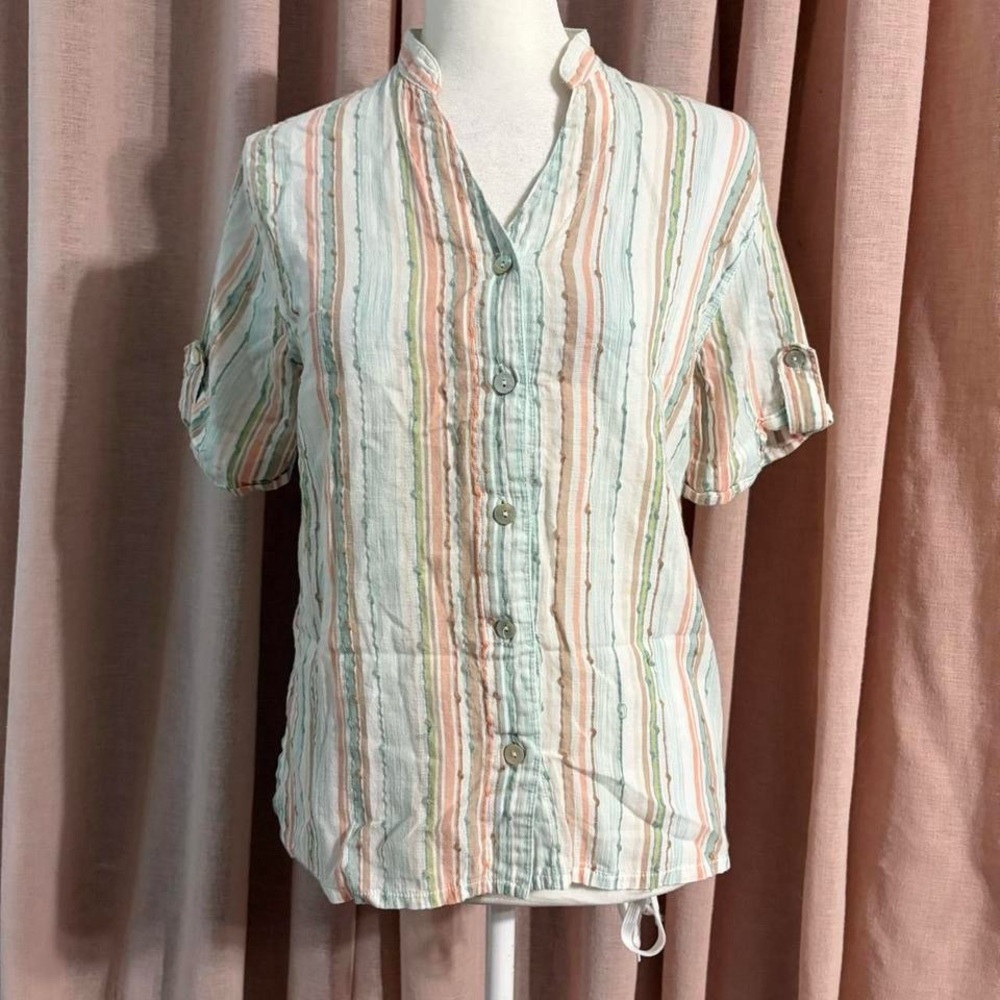 Alfred Dunner Soft Pastel Striped Button-Up Short Sleeve Top Size 8 Petite